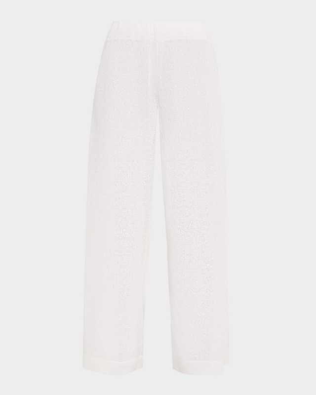 Linen-Silk Paillette Knit Straight-Leg Pull-On Pants